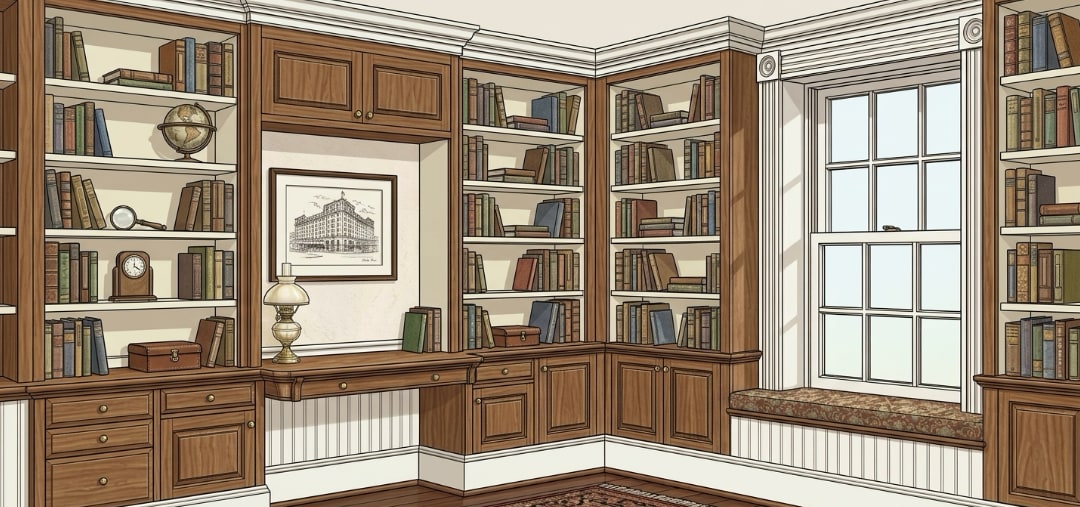 Illustration of custom built in bookcases