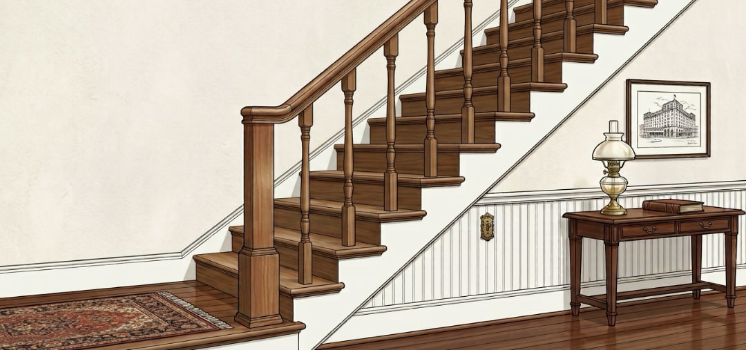 Illustration of stairway trim including handrails and balusters.