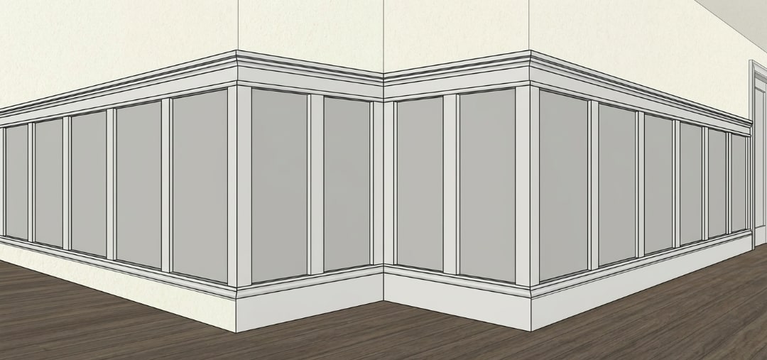 Illustation of wainscoting installation which neatly wraps around a hallway.